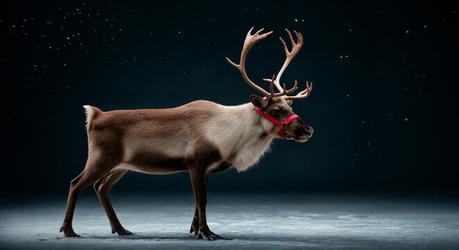 Reindeer with red harness standing in the snow at night