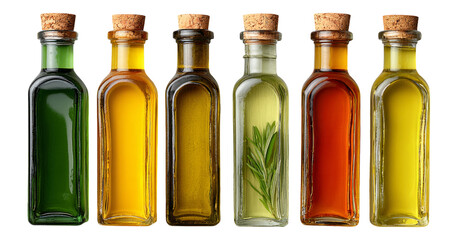 Isolated Glass Bottles of Various Oils on a Transparent Background