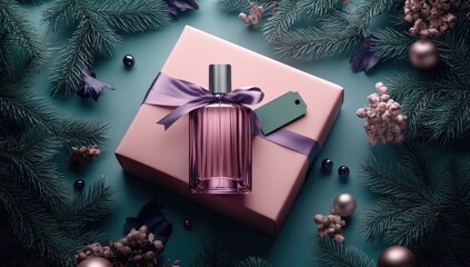 Pink gift box with perfume, teal background, festive decor