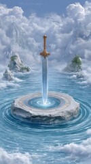 Unveiling the Enigma: A Sword Rising from the Depths of a Mystical Lake Scene