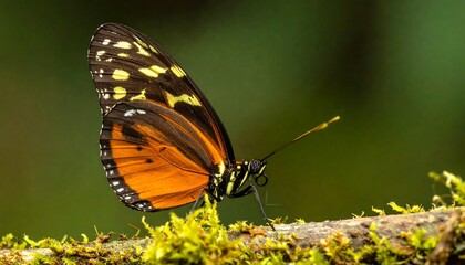 Fototapeta premium A colorful butterfly perched on a mossy branch, showcasing vibrant orange and black wings