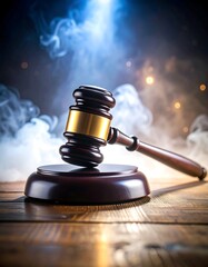 Gavel on wooden table, dramatic lighting