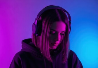 Young woman wearing headphones immersed in music amidst vibrant purple and blue neon lighting