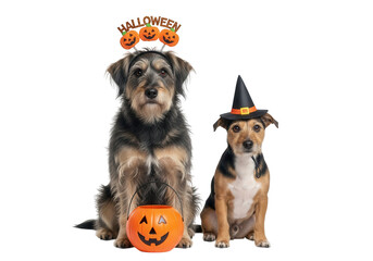 Vector art of two cute dogs wearing halloween costumes, one with a pumpkin bucket