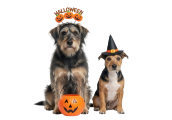 Vector art of two cute dogs wearing halloween costumes, one with a pumpkin bucket