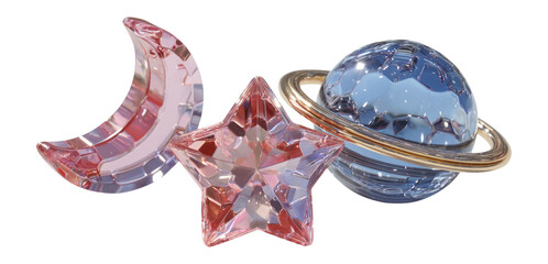 Colorful Crystal Celestial Shapes on Isolated Transparent Background