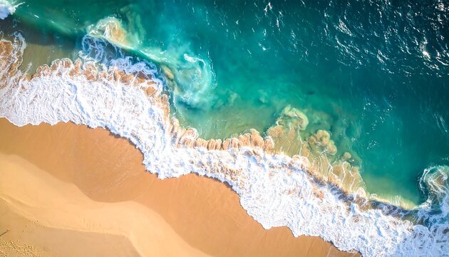 An aerial perspective showing a beach with waves crashing onto sandy shore, displaying varying turquoise and teal hues of the water