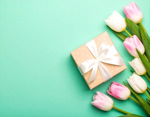 Gift box and tulips on mint background