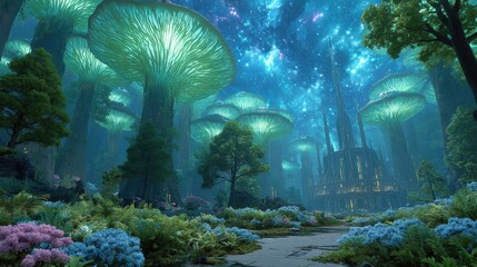 Exploring the Harmonious Synergy of Renewable Energy and Nature in a Surreal Forest Landscape