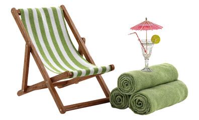 Relaxing Beach Chair with Towels and Fancy Drink on Transparent Background