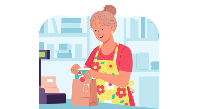Happy woman packing items into paper bag at checkout counter. Retail service, shopping experience, customer care illustration.