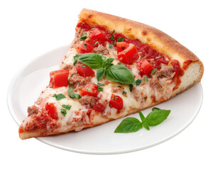 Delicious slice of fresh tuna pizza on white plate. This appetizing Italian food features savory tuna, tomato, melted cheese, and fresh green basil toppings