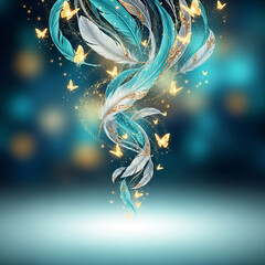 Fantasy Surreal Feathers with Golden Butterflies and Sparkles
