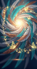 Fantasy Surreal Feathers with Golden Butterflies and Sparkles