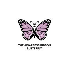 Awareness ribbon butterfly, pink patterned wings, charity support emblem, health awareness mark, inspirational hope design, clean vector illustration