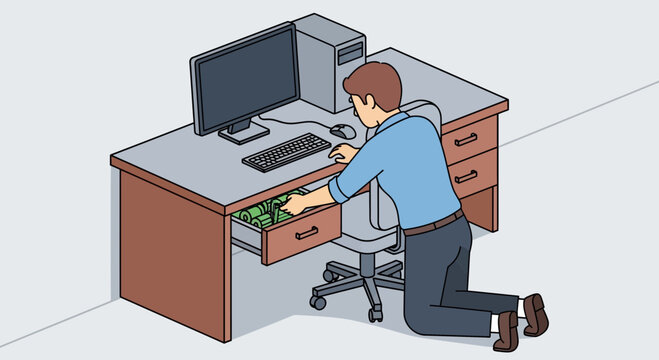 Man stashing cash in office desk drawer. Hidden money and financial secrecy concept. Personal savings illustration.