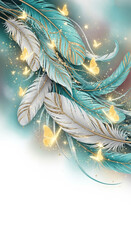 Fantasy Surreal Feathers with Golden Butterflies and Sparkles