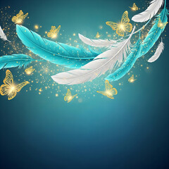 Fantasy Surreal Feathers with Golden Butterflies and Sparkles