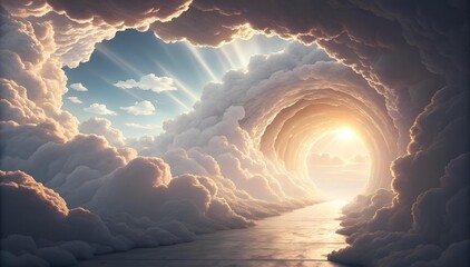 The image shows a surreal landscape with a concrete path leading to a bright, glowing sky surrounded by fluffy, cream-colored