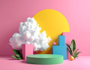 Abstract composition with cloud, geometric shapes, and tropical leaves