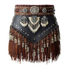 Elegant Leather Skirt with Decorative Fringe on Transparent Background