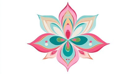 Obraz premium Stylized symmetrical lotus flower illustration with colorful pastel petals on a white background.