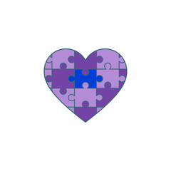 Obraz premium Purple puzzle heart icon, connection pieces concept, community unity message, teamwork collaboration design, problem solving symbol, vector
