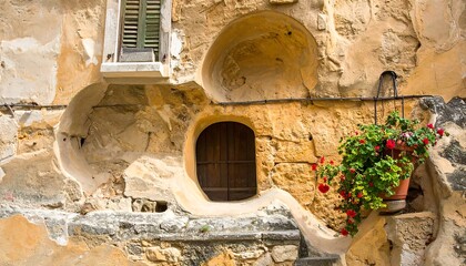 Architectural close-up of an aged, textured building facade with a peculiar arched window and a balcony garden. Featuring shades of tan, brown, and green