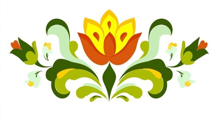 A vibrant folk art illustration of a stylized floral motif with a central orange and yellow flower surrounded by green leaves and smaller buds.