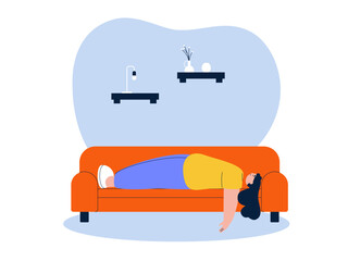 Lazy woman sleeping on the sofa. Laziness illustration. Flat vector illustration.