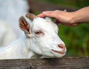 A hand gently touches a white goat's head
