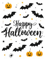 Festive Halloween greeting with bats, pumpkins, and stars