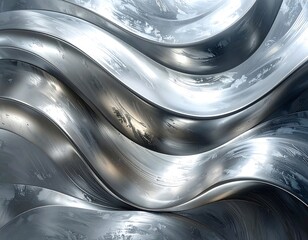 Abstract composition with flowing metallic waves, shiny textures