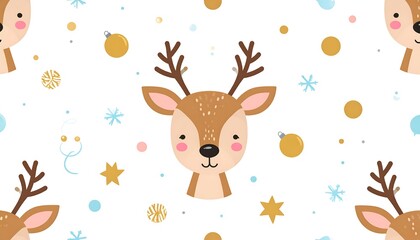 Festive repeating pattern of cute deer faces, ornaments, and snowflakes on a white background