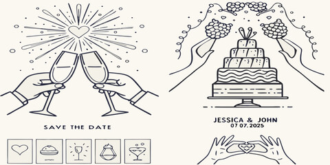 Wedding celebration elements with toasting champagne glasses and tiered cake illustration