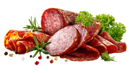 Assortment of sliced cured sausages and herbs isolated on transparent background