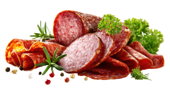 Assortment of sliced cured sausages and herbs isolated on transparent background