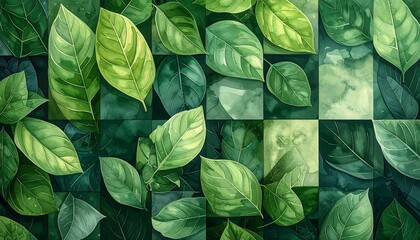 Abstract composition with various leaves and green checkerboard backdrop