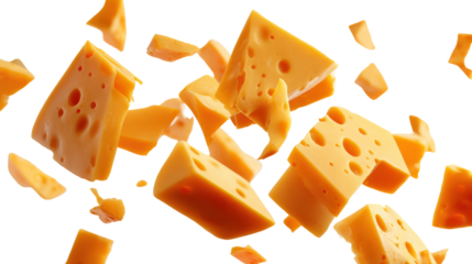 Cheddar cheese cubes flying and crashing isolated on transparent background