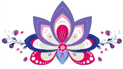 A vibrant and ornate lotus flower design with intricate floral patterns and swirling decorative elements in shades of purple, pink, and blue.