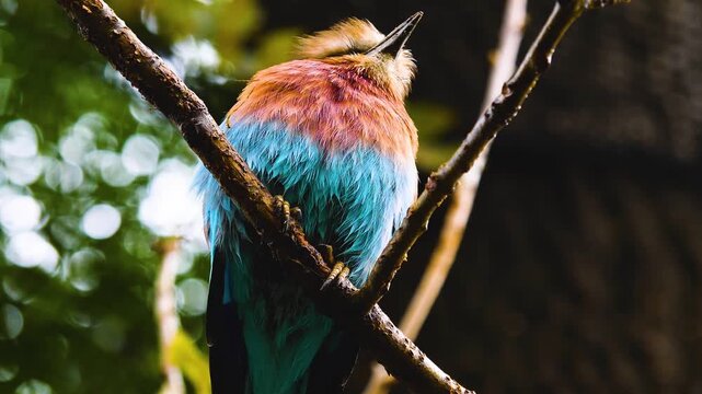 Close up of a Lilac-Breasted Roller african bird sitting on a tree branch and moving his head ona sunny spring day