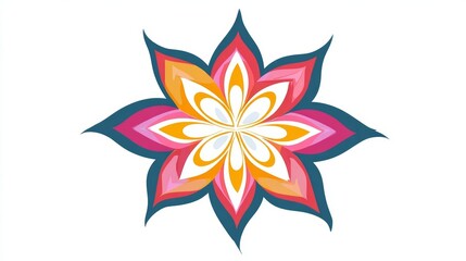A vibrant, symmetrical eight-petaled flower or mandala design with layered colors of pink, orange, and blue on a white background.