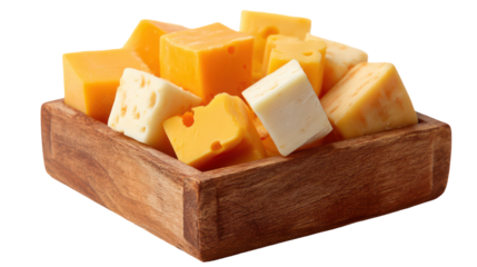 Assorted cheese cubes in wooden box isolated on transparent background