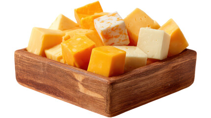 Assortment of cheese cubes in wooden box isolated on transparent background