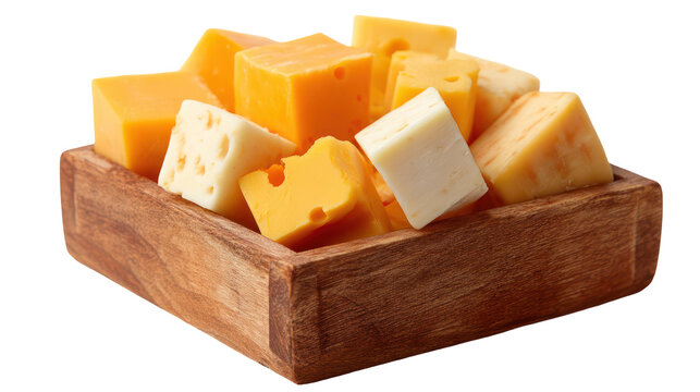Assorted cheese cubes in wooden box isolated on transparent background