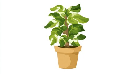 A potted plant with variegated green and white leaves stands in a terracotta pot against a white background.