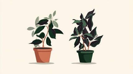 Graphic illustration of two potted plants, one in a terracotta pot with light leaves, the other in a dark green pot with dark leaves.