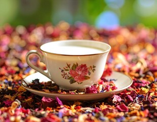 Fototapeta premium A delicate porcelain cup of steaming tea rests atop a rustic wooden table, surrounded by an arrangement of vibrant dried flowers in soft hues.