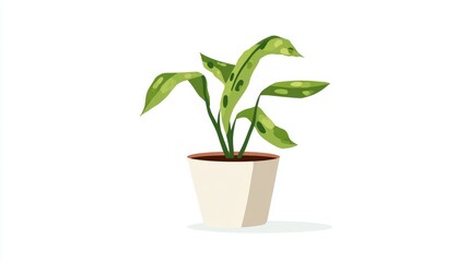 Illustration of a potted houseplant with spotted green leaves in a white pot on a plain background.