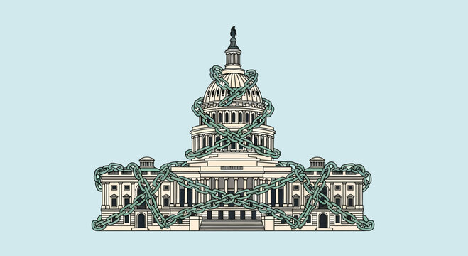 Illustration of the United States Capitol Building entwined and constricted by green vines or snakes, set against a light blue background.